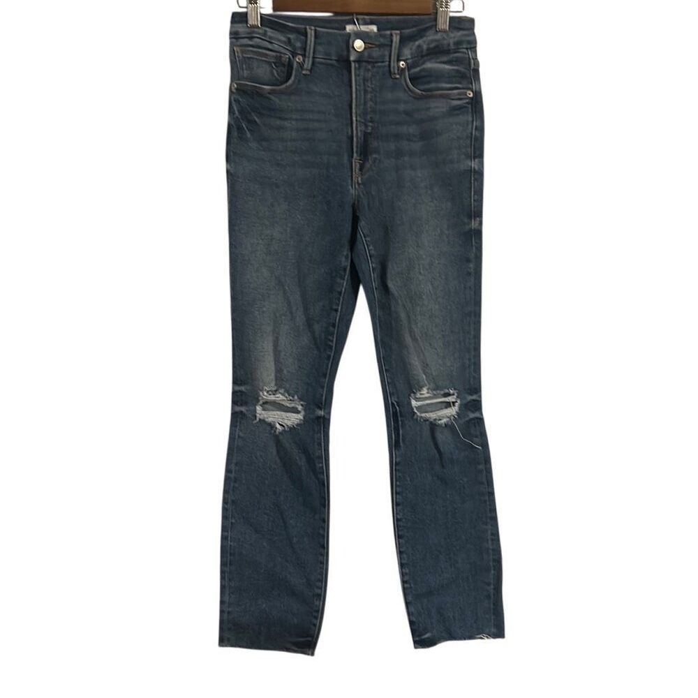 Good American Good Legs Ripped Knee Raw Hem High Rise Denim Jeans